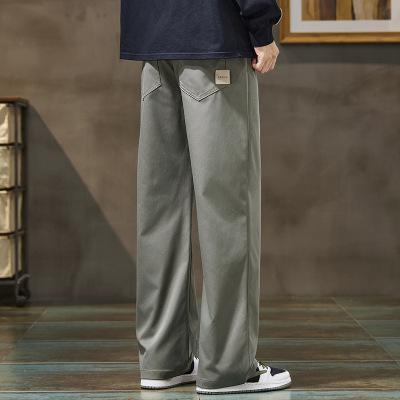 男士宽松直筒休闲裤灰绿抽绳束脚裤立体剪裁通勤垂感阔腿裤男