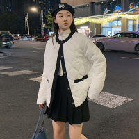 [2.5折价185元]唐狮冬季新款小香风棉衣女圆领小个子菱形格轻薄棉袄外套潮