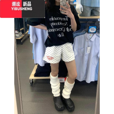 YIBUSHENG美式波点运动短裤女季宽松字母刺绣休闲阔腿三分外穿热裤子