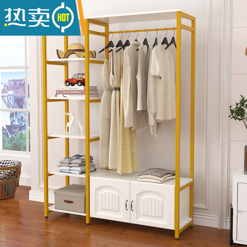 敬平卧室衣帽架简易挂衣架落地收纳创意衣柜欧式家用客厅置物架晾衣架 A款象牙白+金架(欧式门)100长