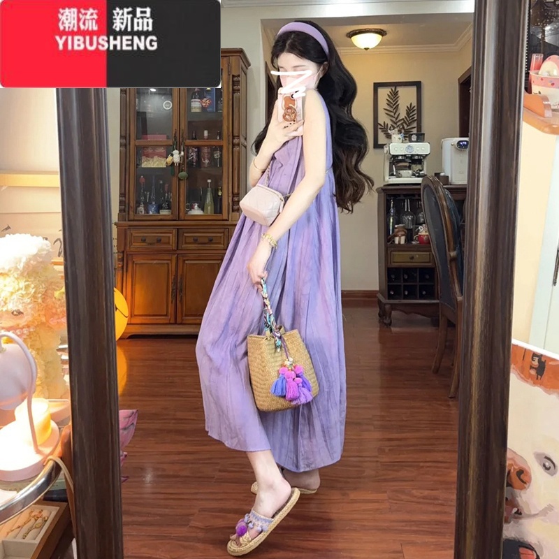 YIBUSHENG海边度假风无袖背心裙季2024新款法式气质宽松显瘦连衣裙长裙女