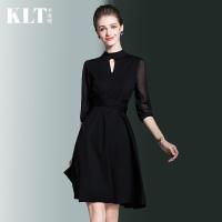 黑色连衣裙春季新款修身中长A字裙气质名媛赫本风小黑裙礼服黑色