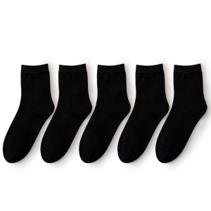 猫人袜子男士夏季纯棉中筒袜防臭透气吸汗秋冬黑白色长筒袜[5双装]