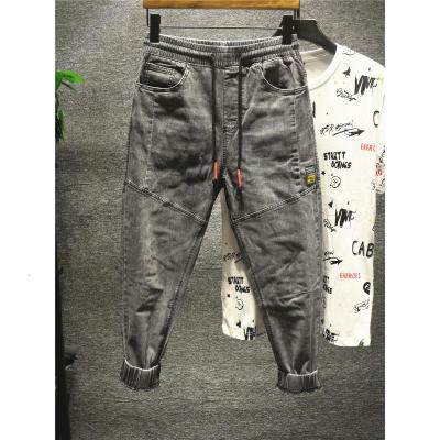 新款Hi重磅水洗韩版束脚男士修身九分牛仔裤黑灰抽绳显瘦超火ins