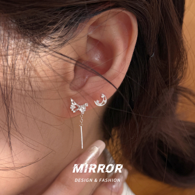 999纯银蝴蝶月亮耳钉耳线女耳环耳饰创意简约新款气质学生送女朋友老婆情人节七夕生日礼物