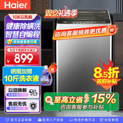 海尔(Haier)10公斤 大容量 家用 全自动波轮洗衣机 自编程除螨洗漂脱可调速洗 以旧换新XQB100-Z606
