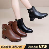 新款秋冬季粗跟圆头短靴女法式复古加绒棉靴时尚中跟软底单靴