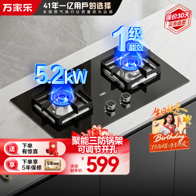 万家乐双高火JZT-AY8燃气灶家用厨房台嵌两用天然气双灶5.2KW大火力兼容性开孔安装不受限一级能效节能