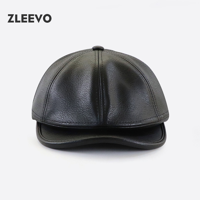 / 秋冬季日系PU皮短檐棒球帽个性男女鸭舌帽子