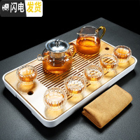 三维工匠 透明玻璃加厚功夫茶具套装家用茶壶茶杯竹储 黄把如意壶+6双层菊花杯(60)+黄把公杯+长方静雨盘+ 10件