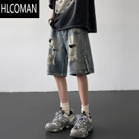 HLCOMAN夏装特大码300斤破洞牛仔短裤男款夏季美式高街拉链开叉宽松中裤2