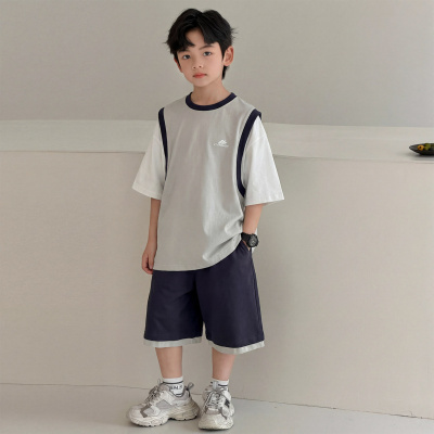 男童夏装套装炸街运动服2026新款大童装夏季潮儿童假两件短袖短裤