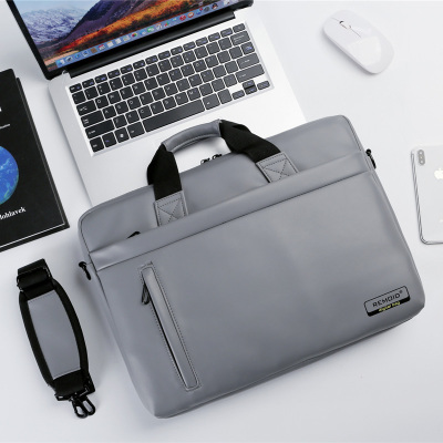 休旅单肩电脑包15寸灰色PU皮质防水耐磨笔记本电脑包时尚简约多功能手提电脑包