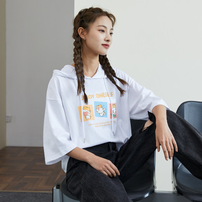 [1折价26.9元,叠加优惠券]夏卫衣女纯棉连帽七分袖上衣t恤卡通印花可爱ins