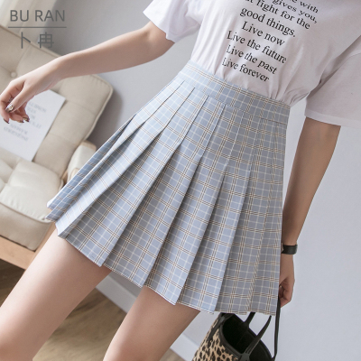 YIBUSHENG防走光格子百褶裙女春秋高腰a字显瘦JK制服半身裙短裙裙子裙裤夏