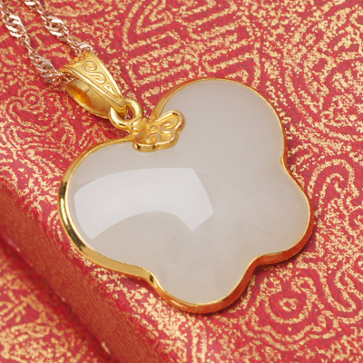 舞玉乘风2018夏季新款足金镶天然和田玉吊坠带证书天然玉石蝴蝶玉坠黄金包玉女士项饰自戴送人民族风玉石吊坠玉石项链足金