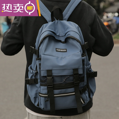 NEWLAKE双肩包女大容量装书男士日系潮流中学生大学生工装背包男蓝色书包