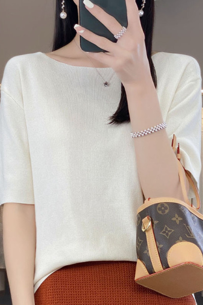 夏装上衣女曲珠冰丝亚麻针织短袖女薄款T恤女一字领背心