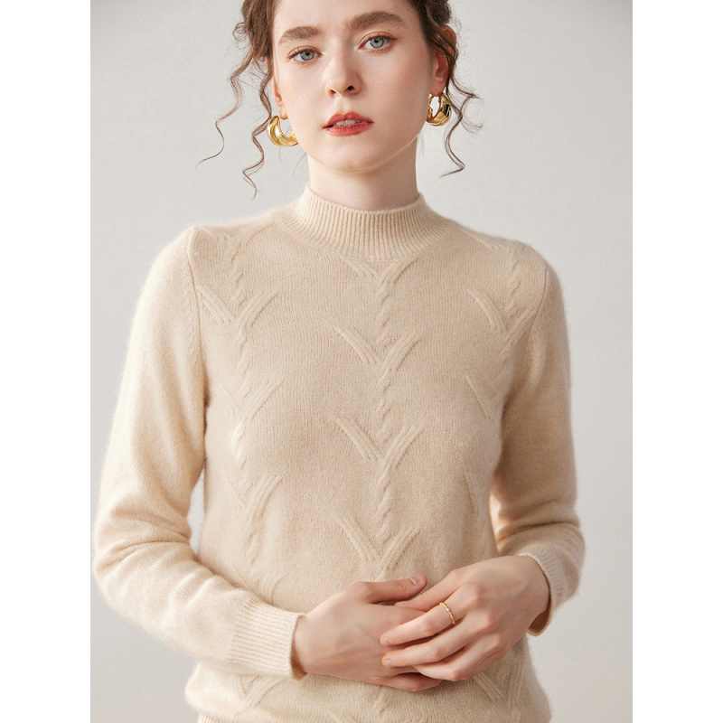 半高领山羊绒衫女简约针织纯色毛衣通勤百搭新款扭花小众设计上衣