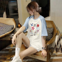 [2.5折价57元]唐狮女圆领插肩袖前胸彩色图案短袖T恤百搭显瘦学院风减龄潮