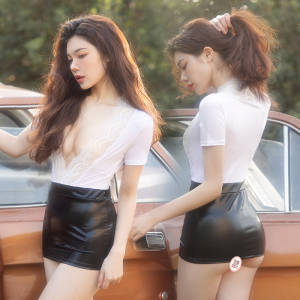 情趣内衣紧身高弹火辣深V秘书专属制服装包臀纯欲蕾丝性感连衣裙 白+黑【不含丝袜】 均码