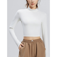 条纹小高领瑜伽长袖纯色修身透气高弹运动长袖