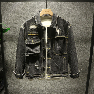 新款Hi古着感高街美式字母刺绣牛仔外套男士潮流百搭个性刮烂夹克