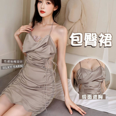 夜酥情趣内衣性感免脱床上挑逗约会战袍吊带蕾丝奶盖包臀缎面睡裙