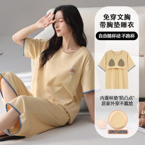 睡衣纯棉女夏季新款短袖七分裤卡通全棉韩版宽松家居服可外穿套装