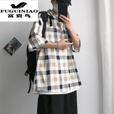 富贵鸟（FUGUINIAO）2021夏季新款港风潮流宽松休闲衬衣男生潮牌ins百搭短袖格子衬衫