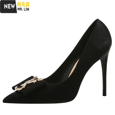 林先森黑色高跟鞋女2021年新款春秋款细跟法式设计感小众气质尖头单鞋夏休闲鞋