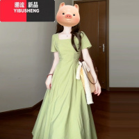 YIBUSHENG法式绿色连衣裙女2024新款季小个子气质绝美收腰显瘦长裙高级感
