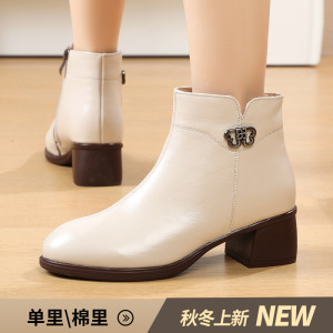 真皮软底短靴女款25新款秋季单靴中年妈妈鞋复古加绒冬季舒适棉鞋