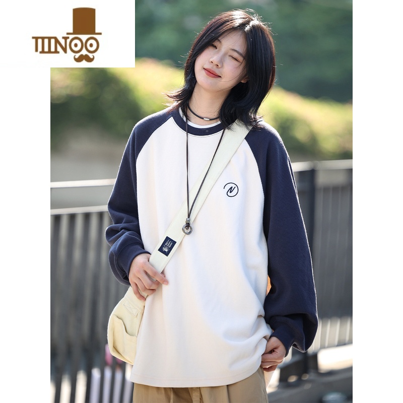 YANXU拼色华夫格早秋季圆领卫衣男新款长袖日系潮插肩袖复古