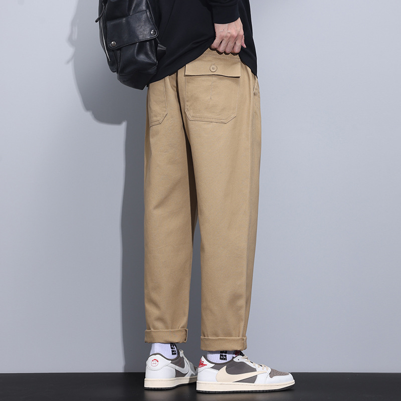 卡其色后袋装饰休闲裤男 直筒锥形裤 肌理感面料春夏透气通勤长裤