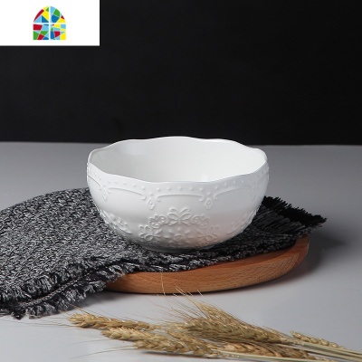 欧式浮蕾丝创意小碗米饭碗早餐碗纯白西餐具陶瓷碗家用大碗面碗 FENGHOU 4.25英寸蕾丝碗