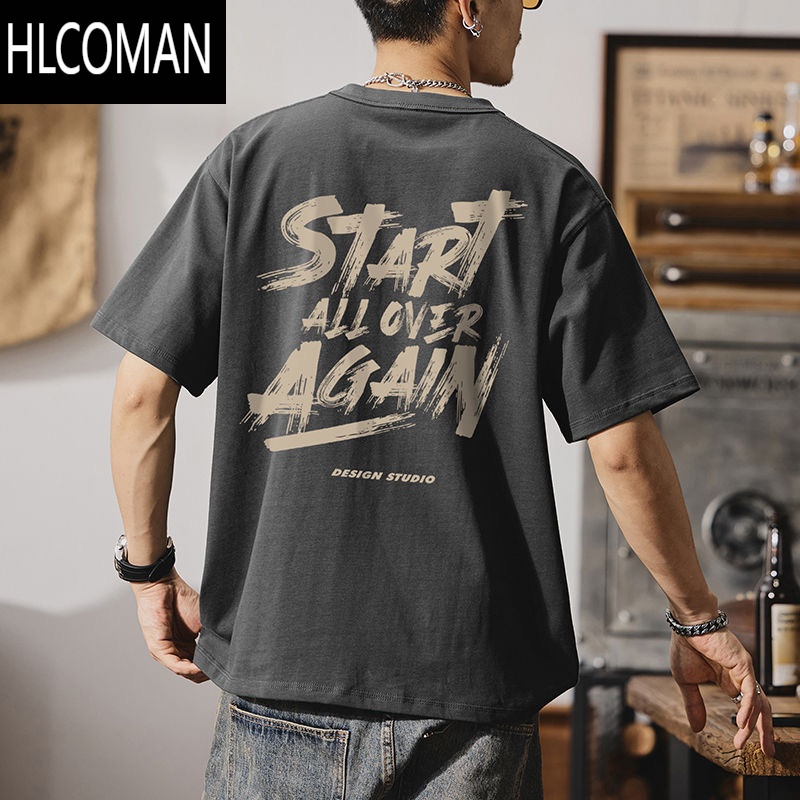 HLCOMAN2024新款男士短袖t恤背面印花深灰色夏季美式宽松ins体恤