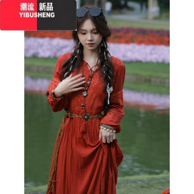 YIBUSHENG波西米亚度假长裙仙女民族风复古连衣裙重工刺绣长袖大摆红裙子