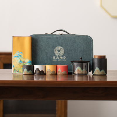 苏氏陶瓷(SUSHI CERAMICS)手绘釉画彩千里江山四色杯行云壶套装禅黑文创伴手礼套组