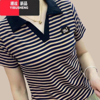 YIBUSHENG2024 女士t恤短袖新款韩版大码女装时尚妈妈装宽松条纹气质上衣