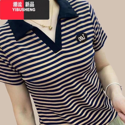 YIBUSHENG2024 女士t恤短袖新款韩版大码女装时尚妈妈装宽松条纹气质上衣