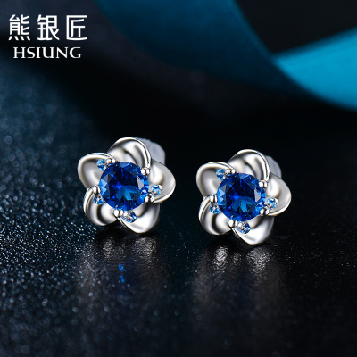 熊银匠S925银耳钉女款日韩简约镶嵌耳环韩国女生气质耳饰生日礼物
