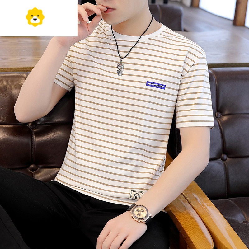 fish basket季休闲男士短袖t恤圆领条纹修身体恤宽松潮流半袖上衣服男