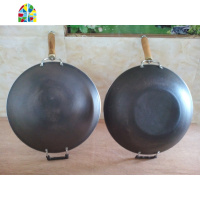 庆双11生铁铸造尖圆底平底健康无涂层木柄燃气炒菜锅 FENGHOU 34cm平底铸铁锅炒锅