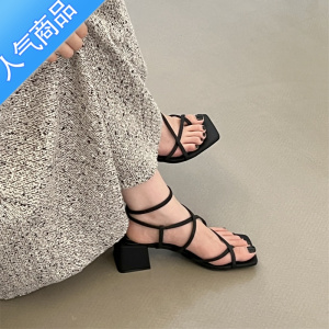 SUNTEK法式交叉细带高跟凉鞋仙女鞋子2023年夏季新款小众黑色套趾罗马鞋