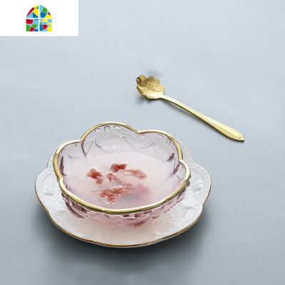 创意日式金边樱花玻璃碗 燕窝碗糖水银耳汤碗盅雪糕沙拉碗甜品碗 FENGHOU 金边透明碗+金圆碟送勺