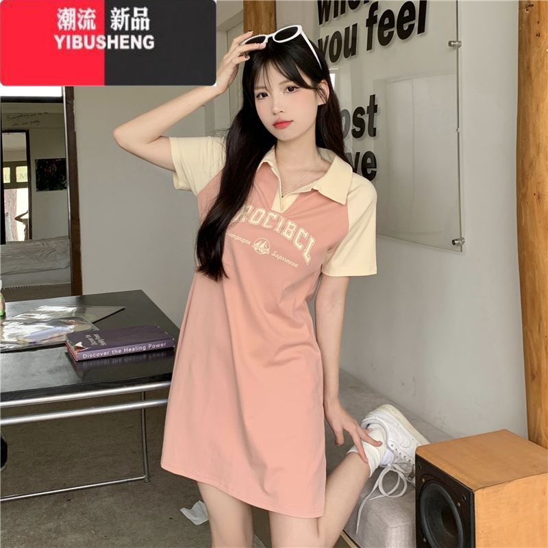 YIBUSHENG大码美式学院风polo连衣裙女季显瘦裙子胖MM遮肚藏肉休闲T恤裙