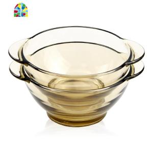 北欧玻璃碗茶色透明耐热双耳把手泡面碗汤沙拉碗甜品微波炉饭碗碟 FENGHOU 茶色平盘子2只组合装(耐热)