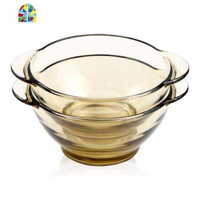 北欧玻璃碗茶色透明耐热双耳把手泡面碗汤沙拉碗甜品微波炉饭碗碟 FENGHOU 茶色平盘子2只组合装(耐热)