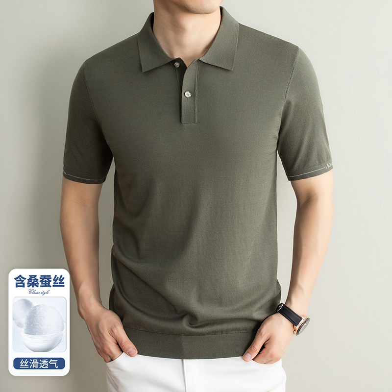 68支天丝亚麻蚕丝针织polo衫男2026夏季新款翻领纯色透气男士T恤